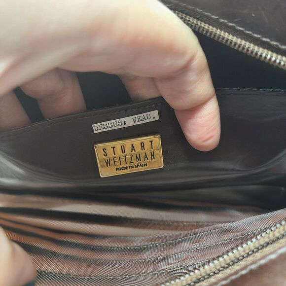 Vintage Stuart Weitzman Brown Tan Classy Designer Leather Purse 21" Drop Strap - Picture 9 of 12